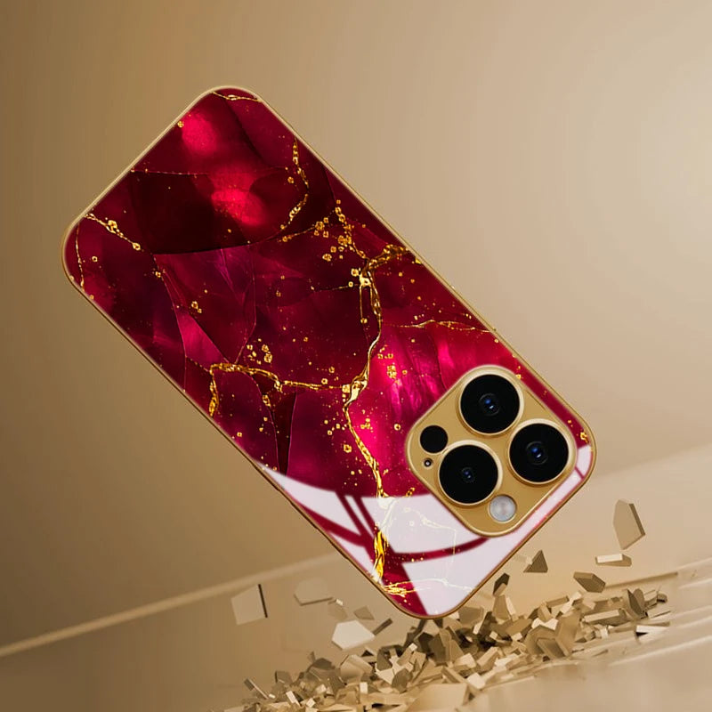 Tempered glass phone case with Crimson Crack design for smartphones, featuring transparent protective cover from Corporación Turística.