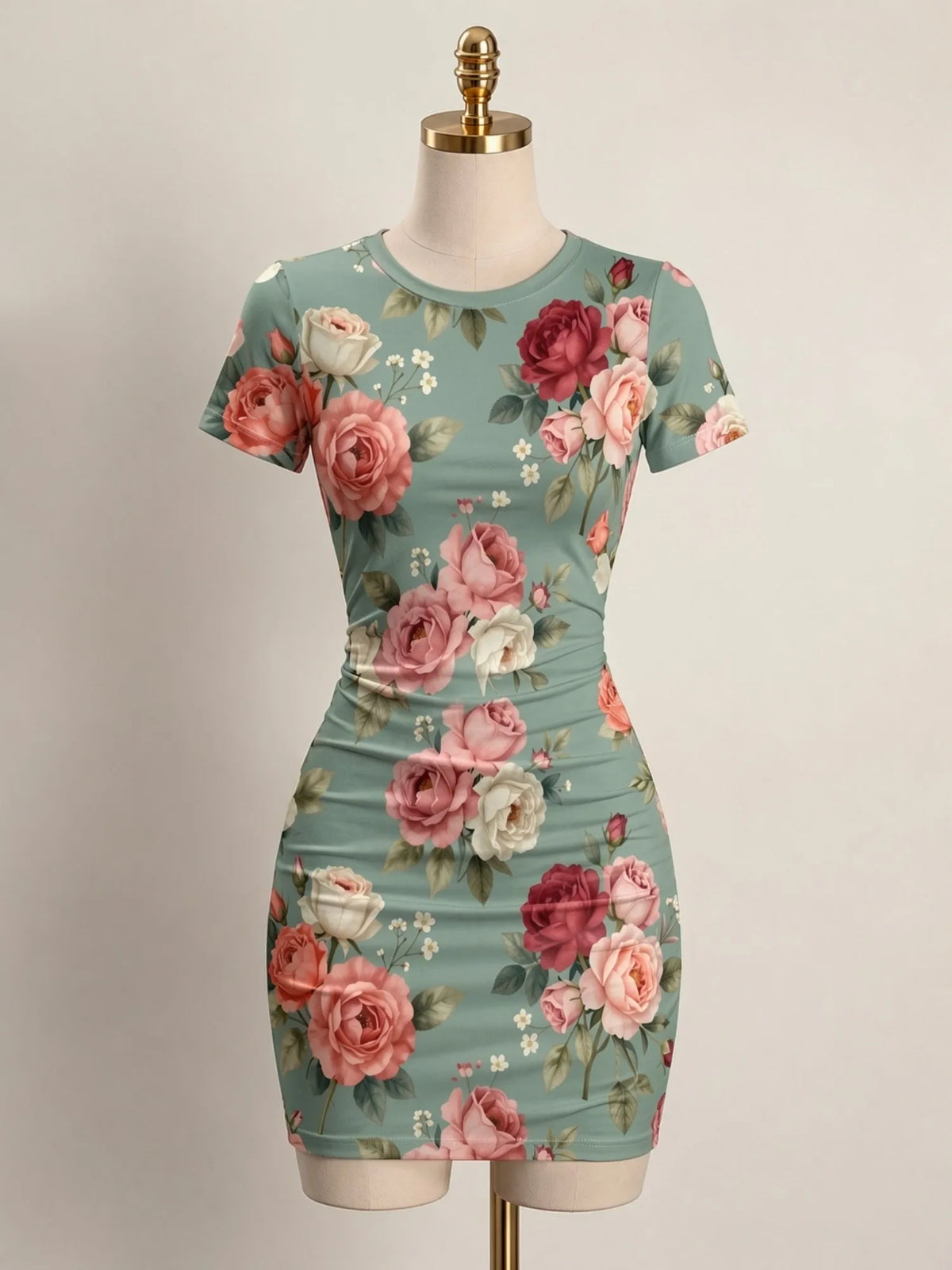 Close-up of a fitted women's mini dress with short sleeves and a high neckline, featuring a sleek, stylish design by Corporación Turística.