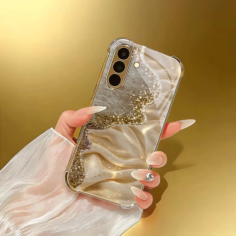 Galvanized glass phone case from the Gold series by Corporación Turística, featuring clear, durable design with metallic accents.