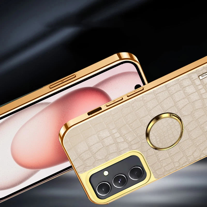 Leather phone case with 360° rotating ring from Corporación Turística, featuring a sleek design and precise cutouts.