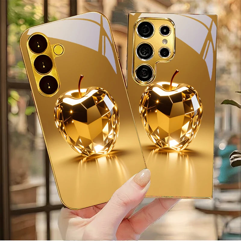 Golden fruit-themed prism design phone case by Corporación Turística, showcasing vibrant, decorative fruit patterns on a sleek protective cover.