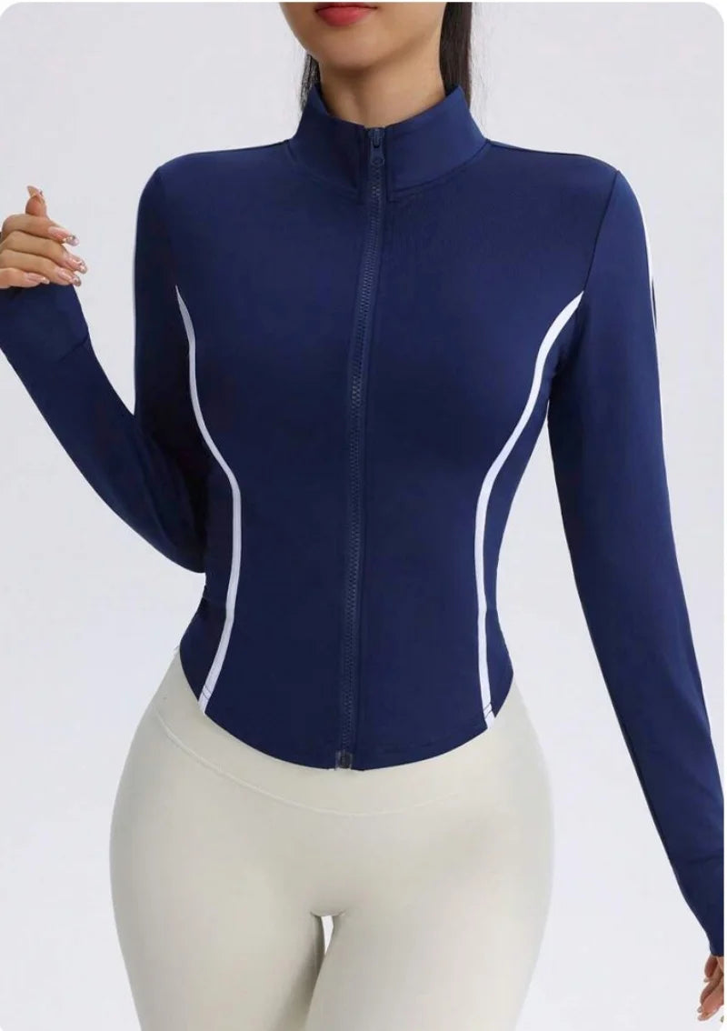 Chaqueta de yoga azul marino para mujer con costuras en c...