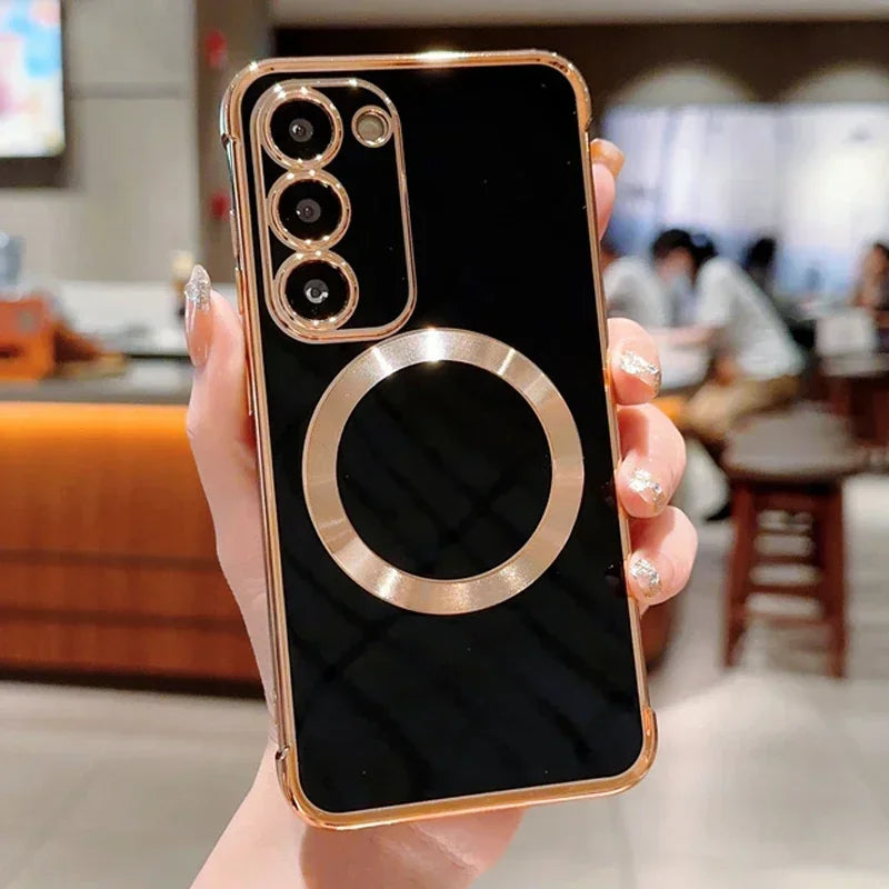 Magnetic gold-plated phone case for Samsung Galaxy S26 with sleek design and protective features, displayed on a white background.