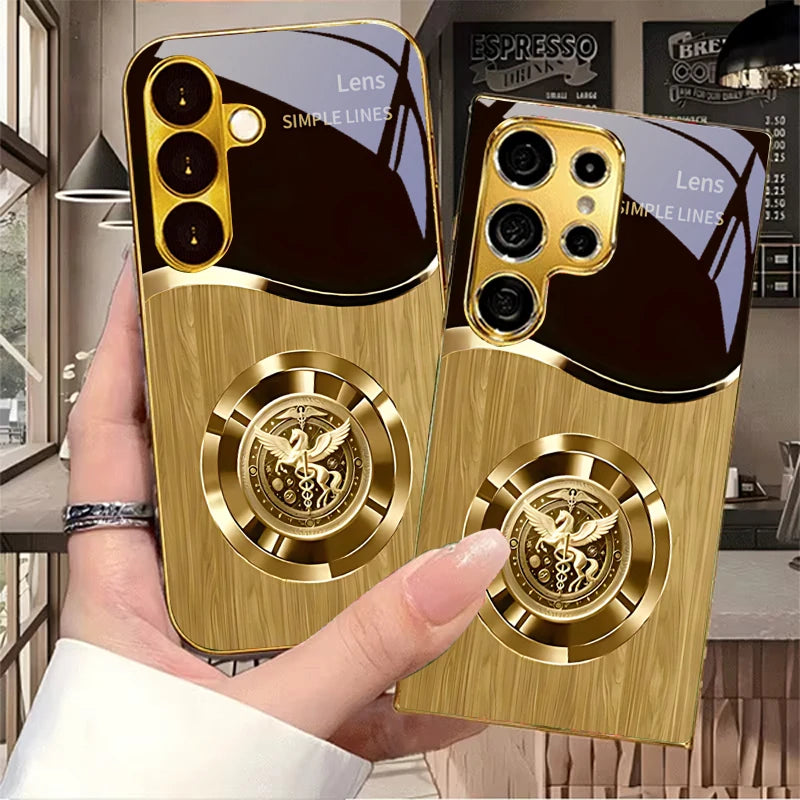 Golden phone case with metallic retro insignia, designed for smartphones, by Corporación Turística.