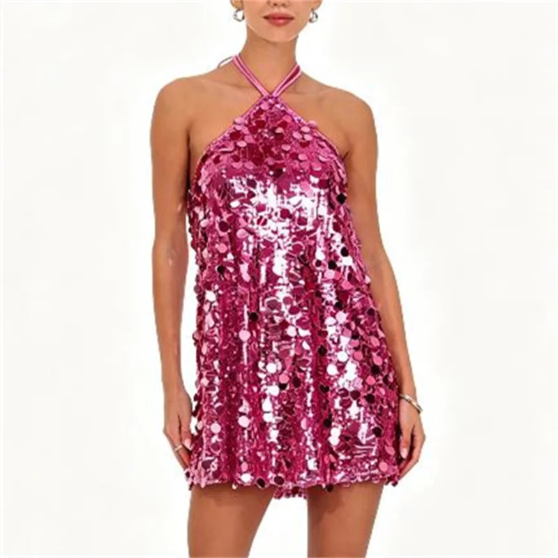 Vestido Mini Halter de Lentejuelas para Mujer, Ropa de Fi...