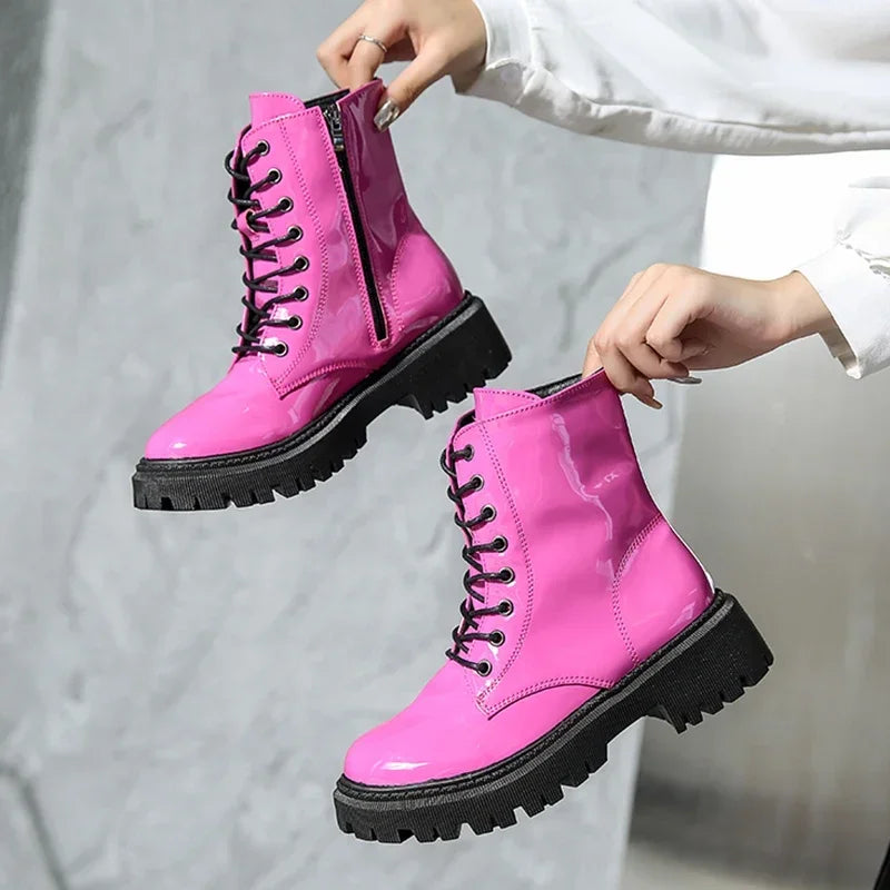 Botines rosas con cordones para mujer, botas de moto con ...