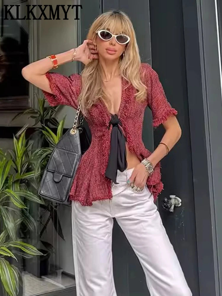 Blusa Mujer KLKXMYT Escote V Cordones Volantes Verano Chic - Corporación Turística