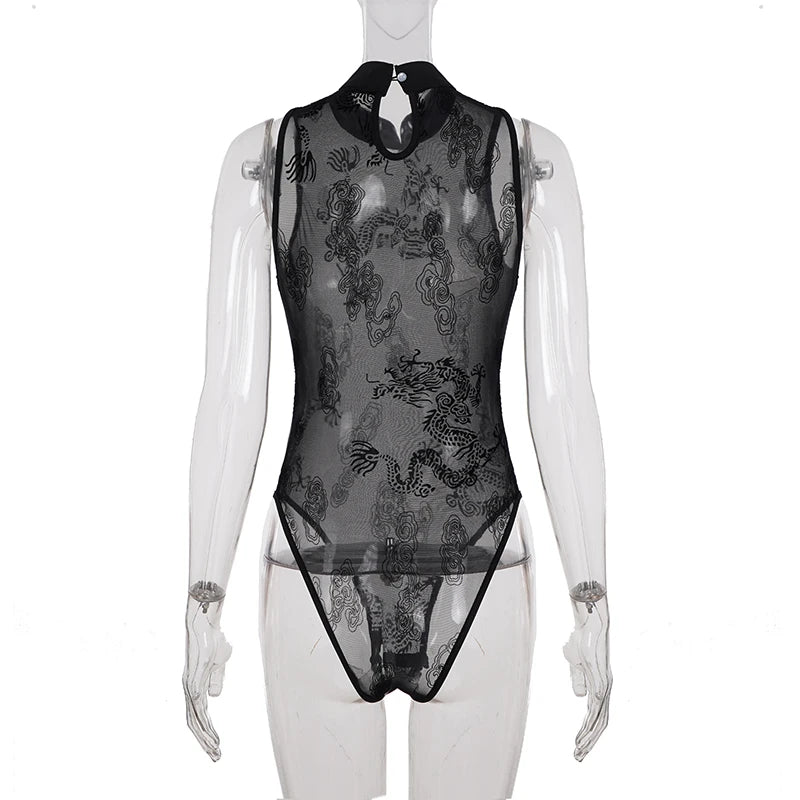 Dark printed mesh bodysuit from Corporación Turística featuring a sexy, stylish design with intricate pattern details.