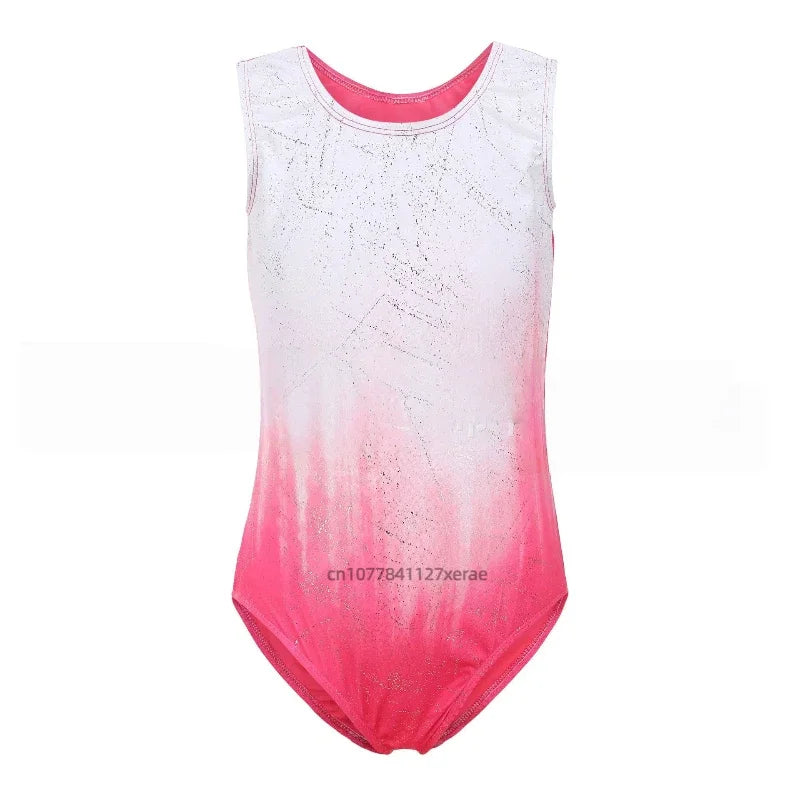 Close-up of a fitted dance leotard with vibrant heat-printed patterns by Corporación Turística, showcasing colorful design details.