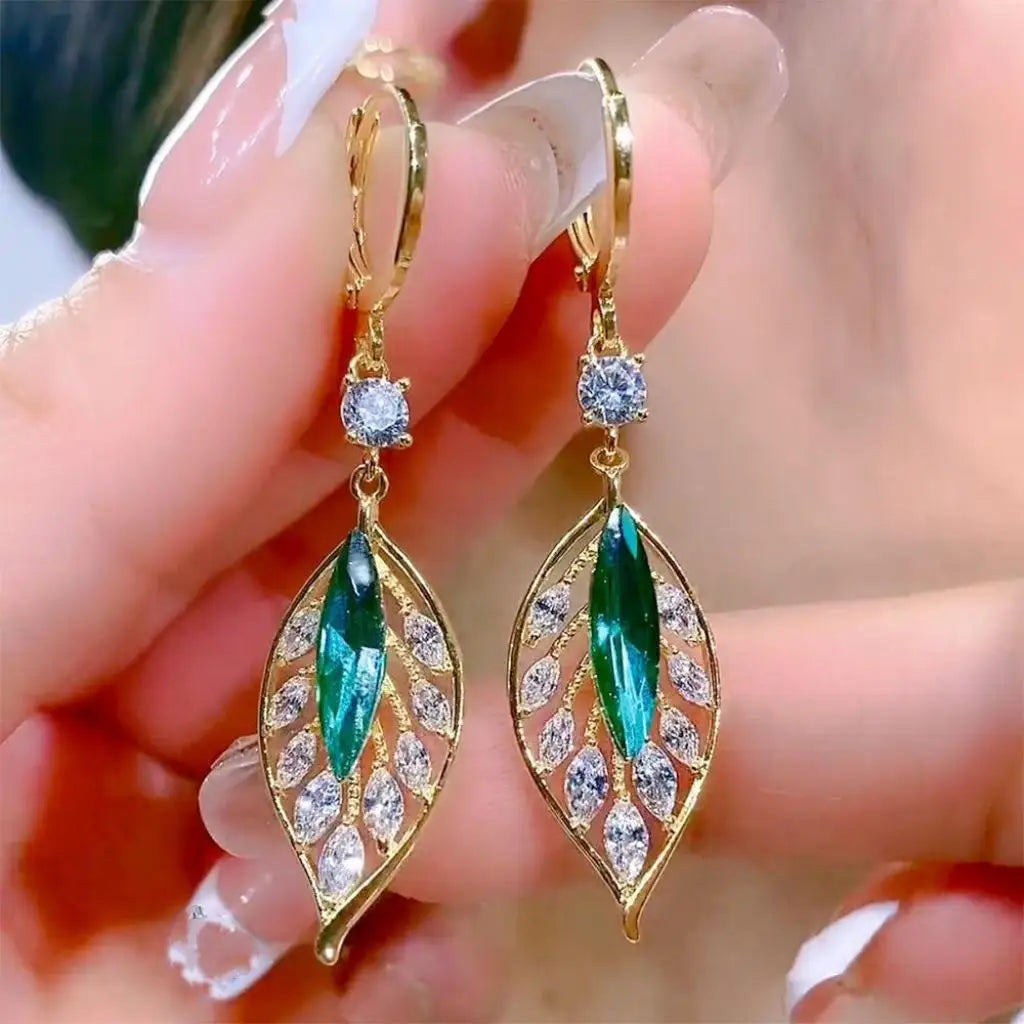 Pendientes colgantes de hoja de circón verde para mujer, ...