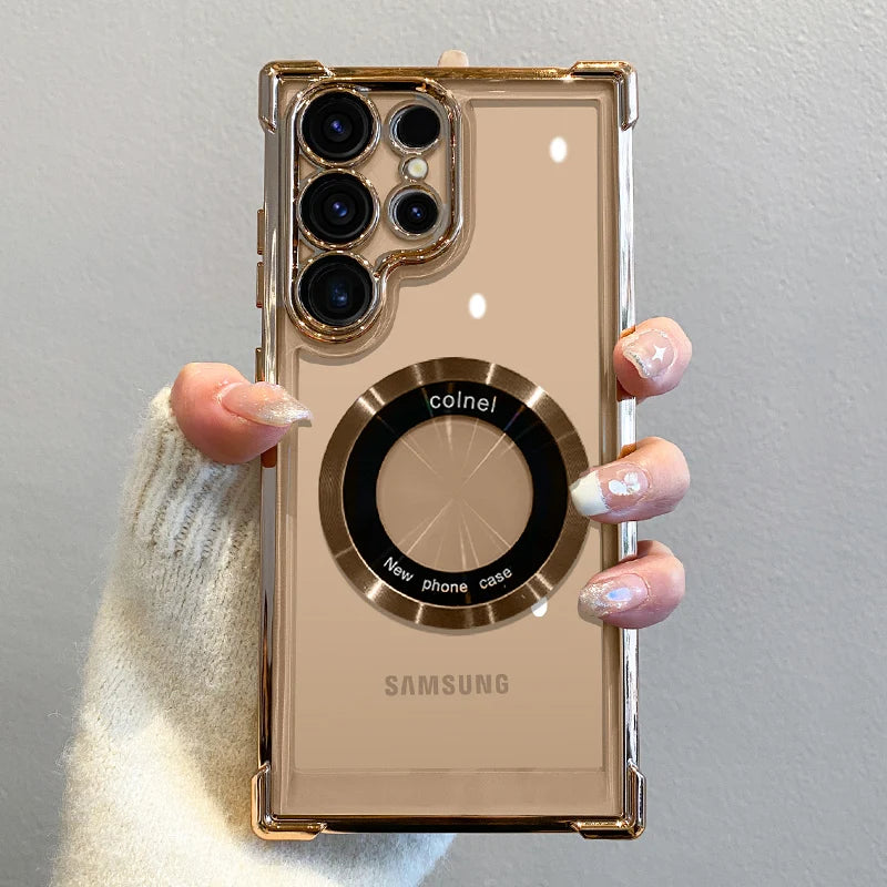 Luxury magnetic phone case with wireless charging for Samsung devices, featuring sleek design and secure fit.