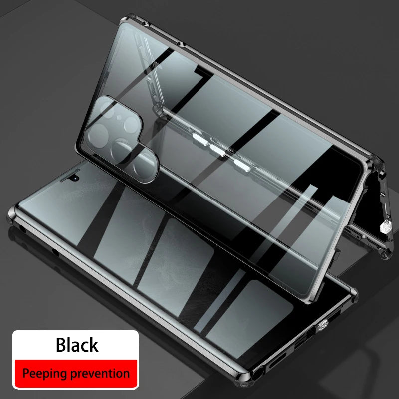 Magnetic metallic phone case for Samsung S26, S25, S23, S24 by Corporación Turística, showing the textured black exterior.