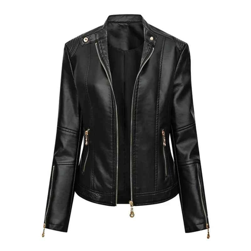 Chaqueta Cuello Mandarín PU Mujer BeckyWalk WF163 Cremalleras Ajustada