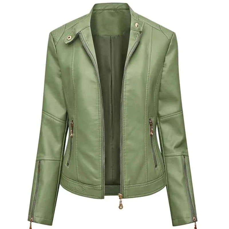 Chaqueta Cuello Mandarín PU Mujer BeckyWalk WF163 Cremalleras Ajustada