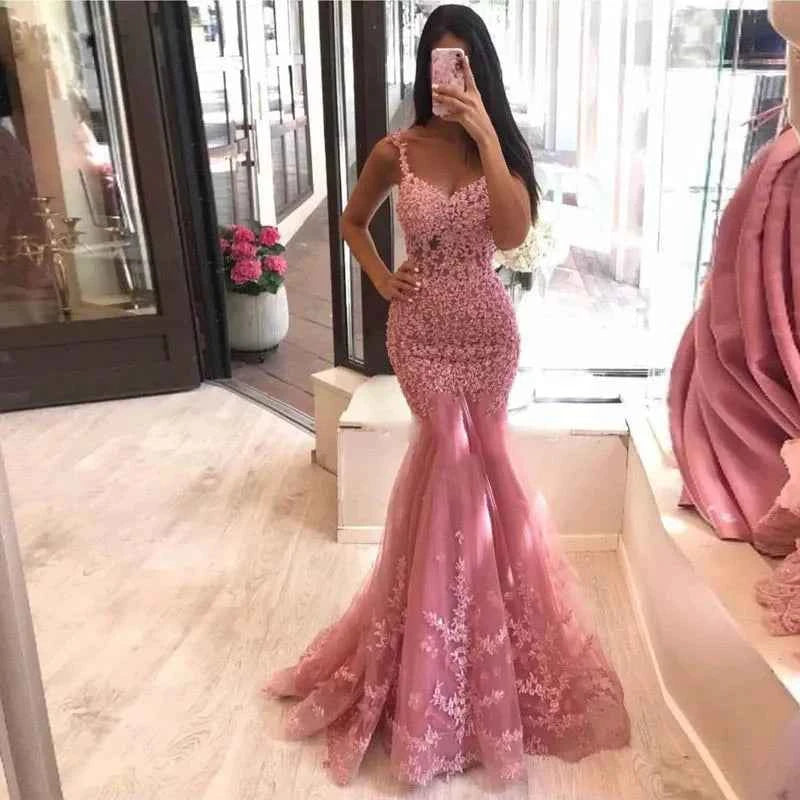 Vestidos de Noche Sirena Encaje Perlas Largos Graduación Fiesta