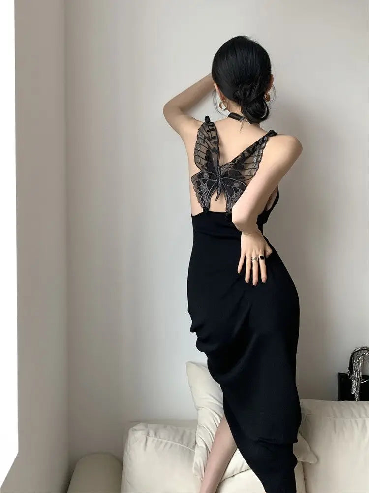 Vestido Verano Mariposas CHEERART - Espalda Descubierta Sexy Negro - Corporación Turística