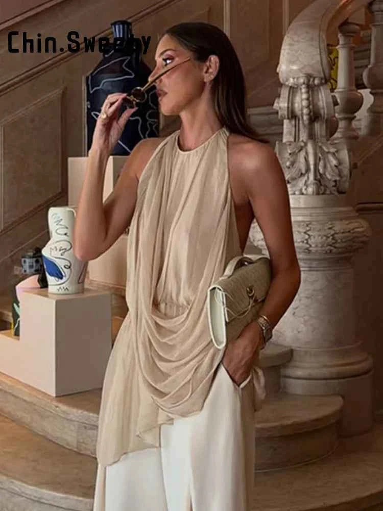 Chaleco Halter Plisado Chic Mujer Verano 2026 | Chin.Sweety | Elegante y Versátil