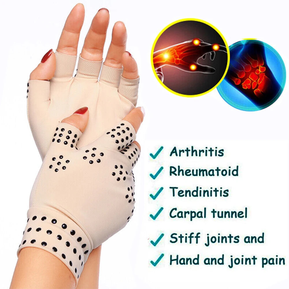 Pair of magnetic therapy gloves for arthritis from Corporación Turística, showing the soft fabric and magnetic inserts.