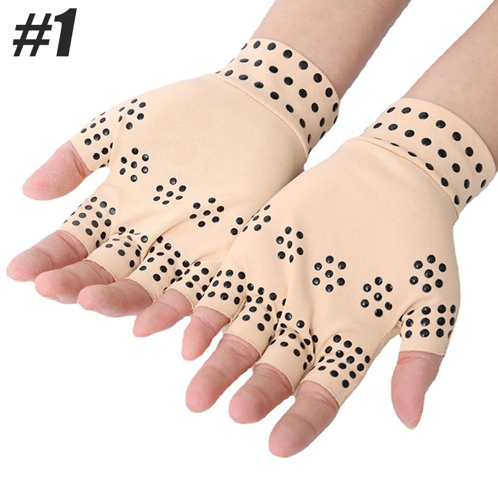 Pair of magnetic therapy gloves for arthritis from Corporación Turística, showing soft fabric and magnetic clasps for joint relief.