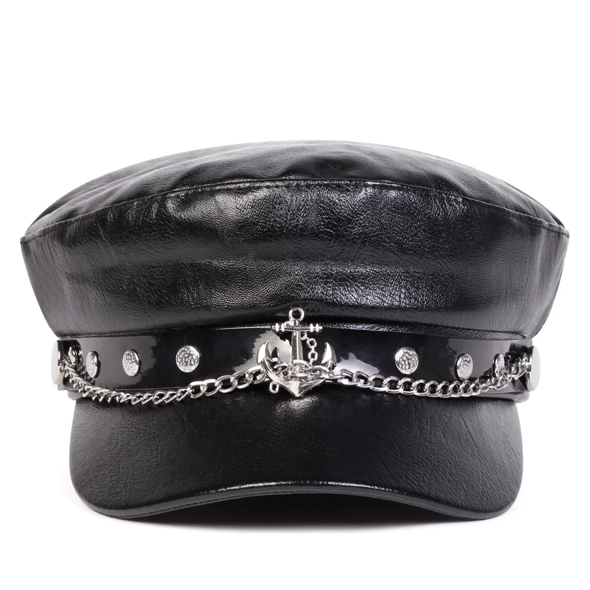 Boina Negra Cuero Unisex Capitán Militar Hebilla Ancla Primavera Otoño - Corporación Turística