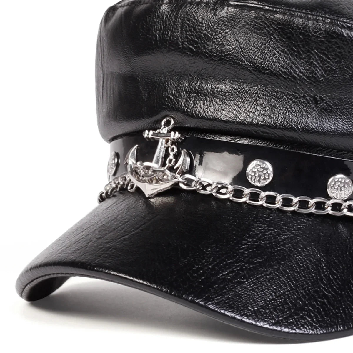 Boina Negra Cuero Unisex Capitán Militar Hebilla Ancla Primavera Otoño - Corporación Turística