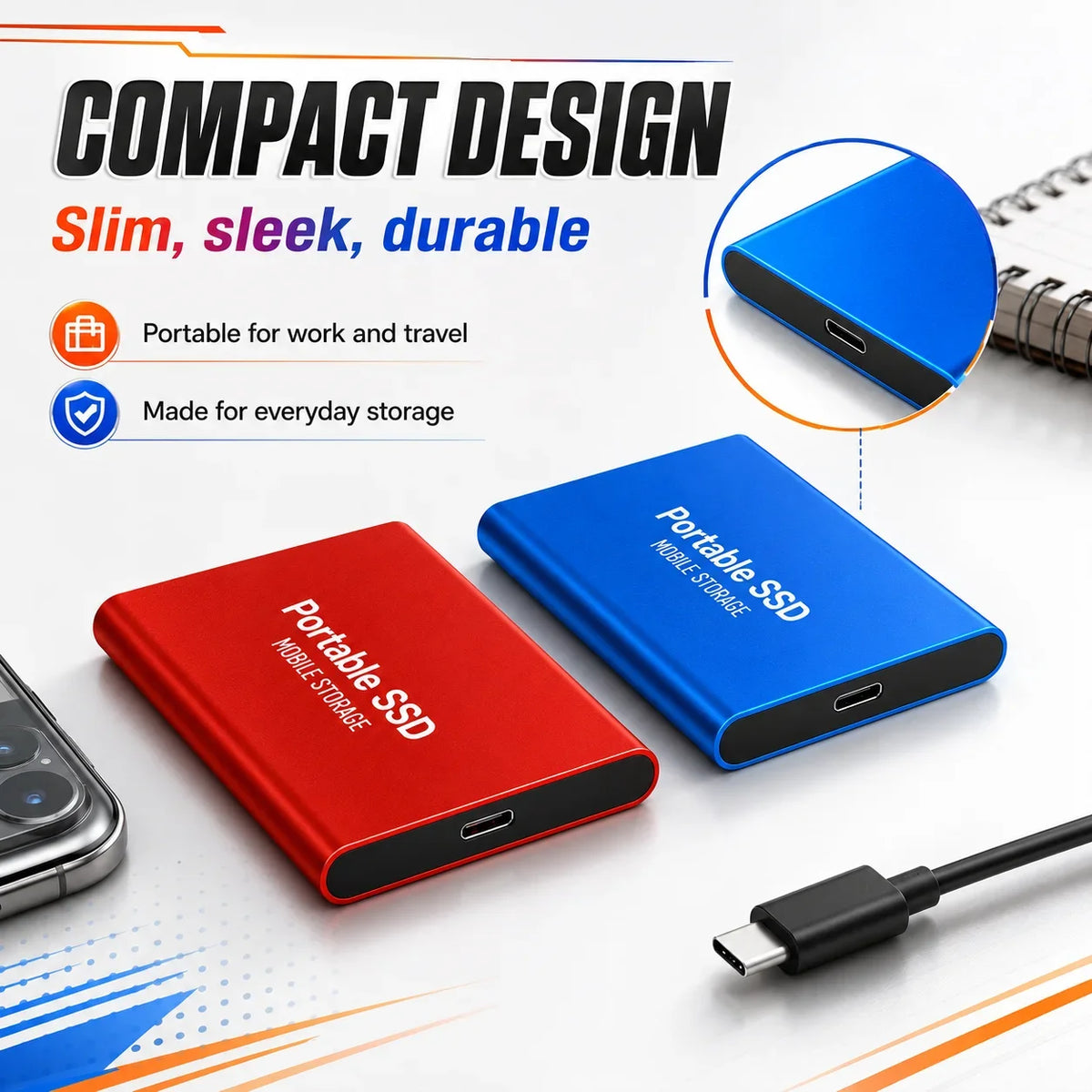 SSD Portátil 1TB/2TB USB 3.1 - Almacenamiento Móvil Rápido