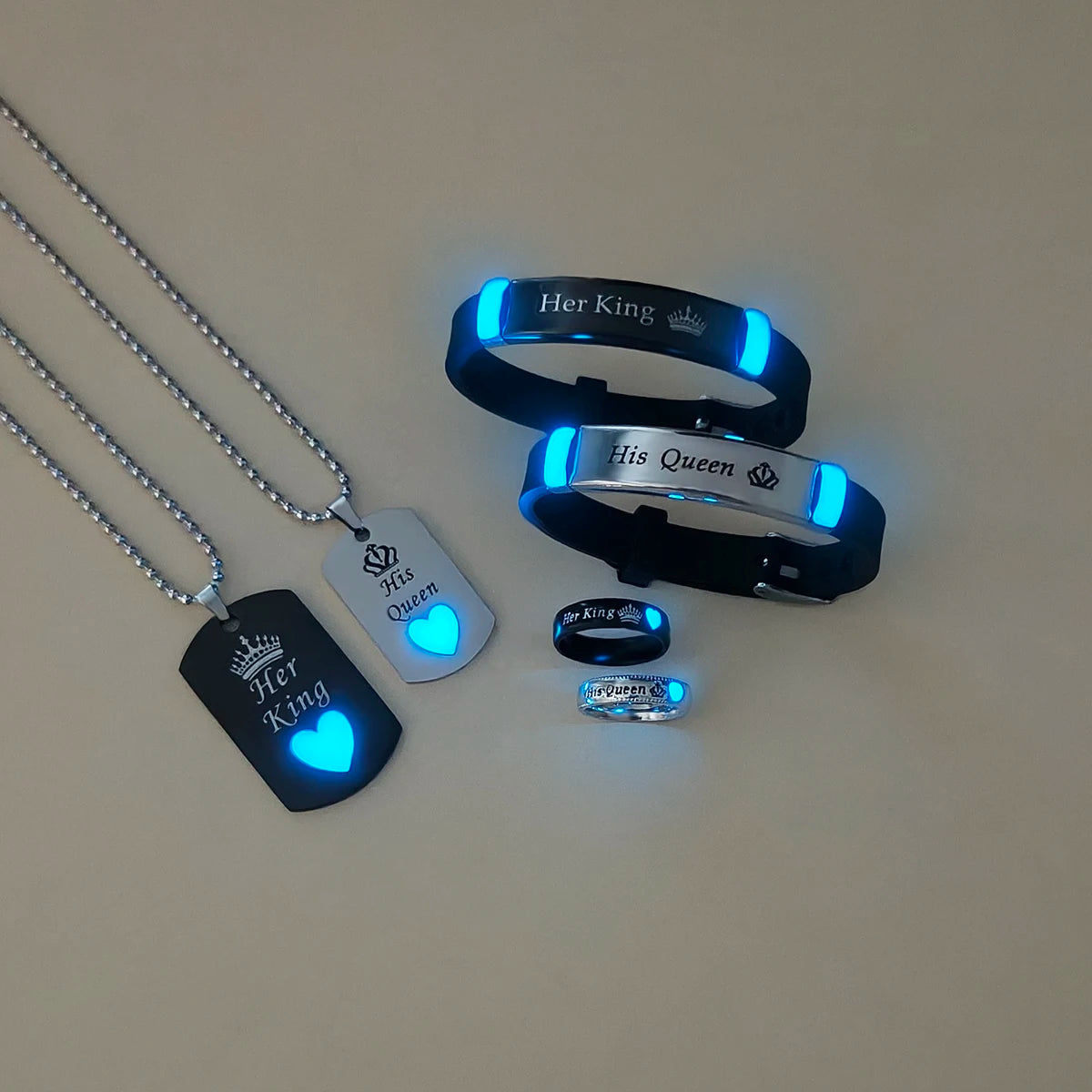 Conjunto 6 Pz Corazón Corona Luminoso - Joyería Pareja (Aniversario)