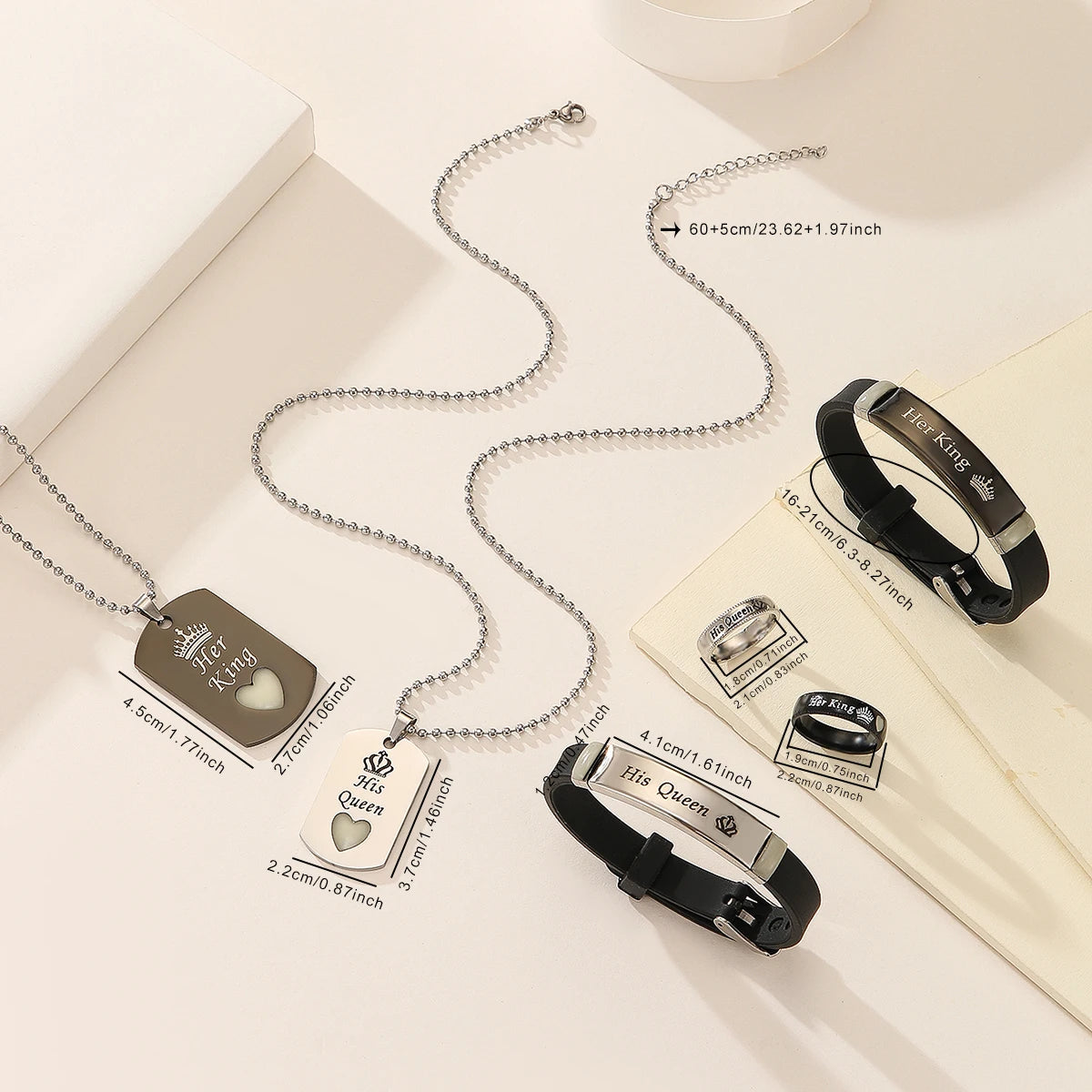 Conjunto 6 Pz Corazón Corona Luminoso - Joyería Pareja (Aniversario)