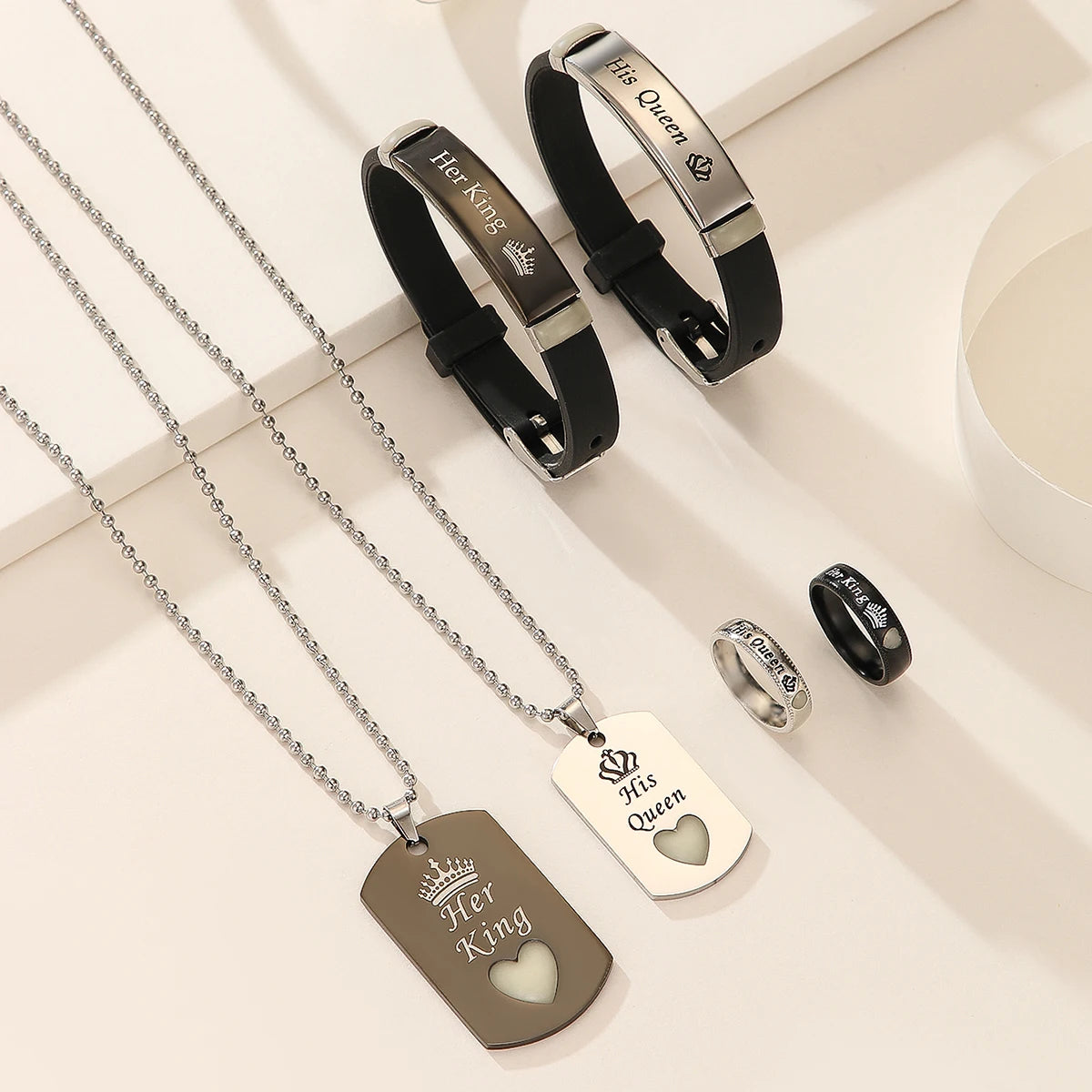 Conjunto 6 Pz Corazón Corona Luminoso - Joyería Pareja (Aniversario)