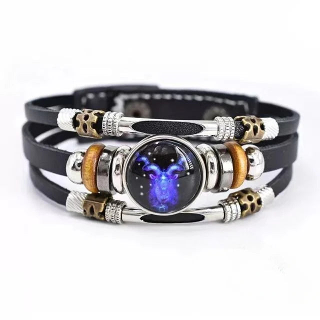 Pulsera Constelación Cuero Multicapa Retro Regalo Unisex 12 Signos