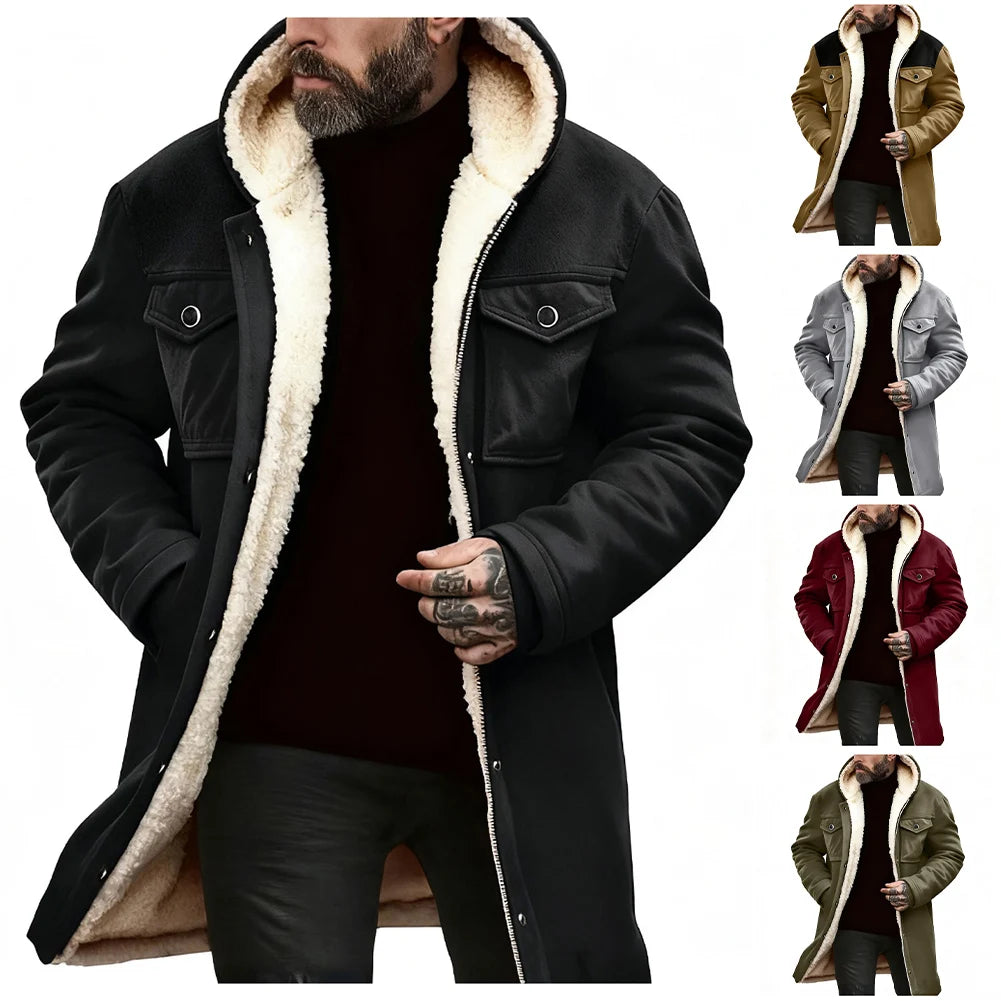 Chaqueta Suede Fleece Hombre con Capucha Media Larga Cremallera