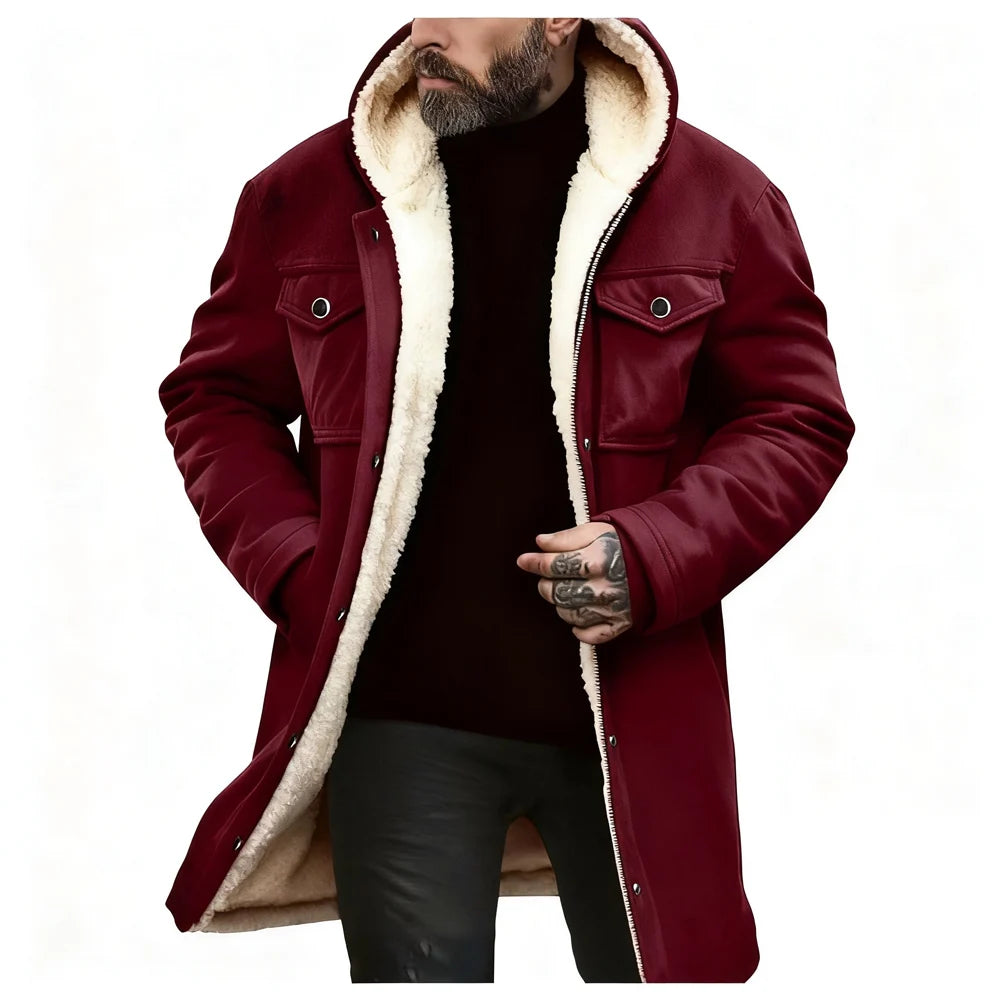 Chaqueta Suede Fleece Hombre con Capucha Media Larga Cremallera