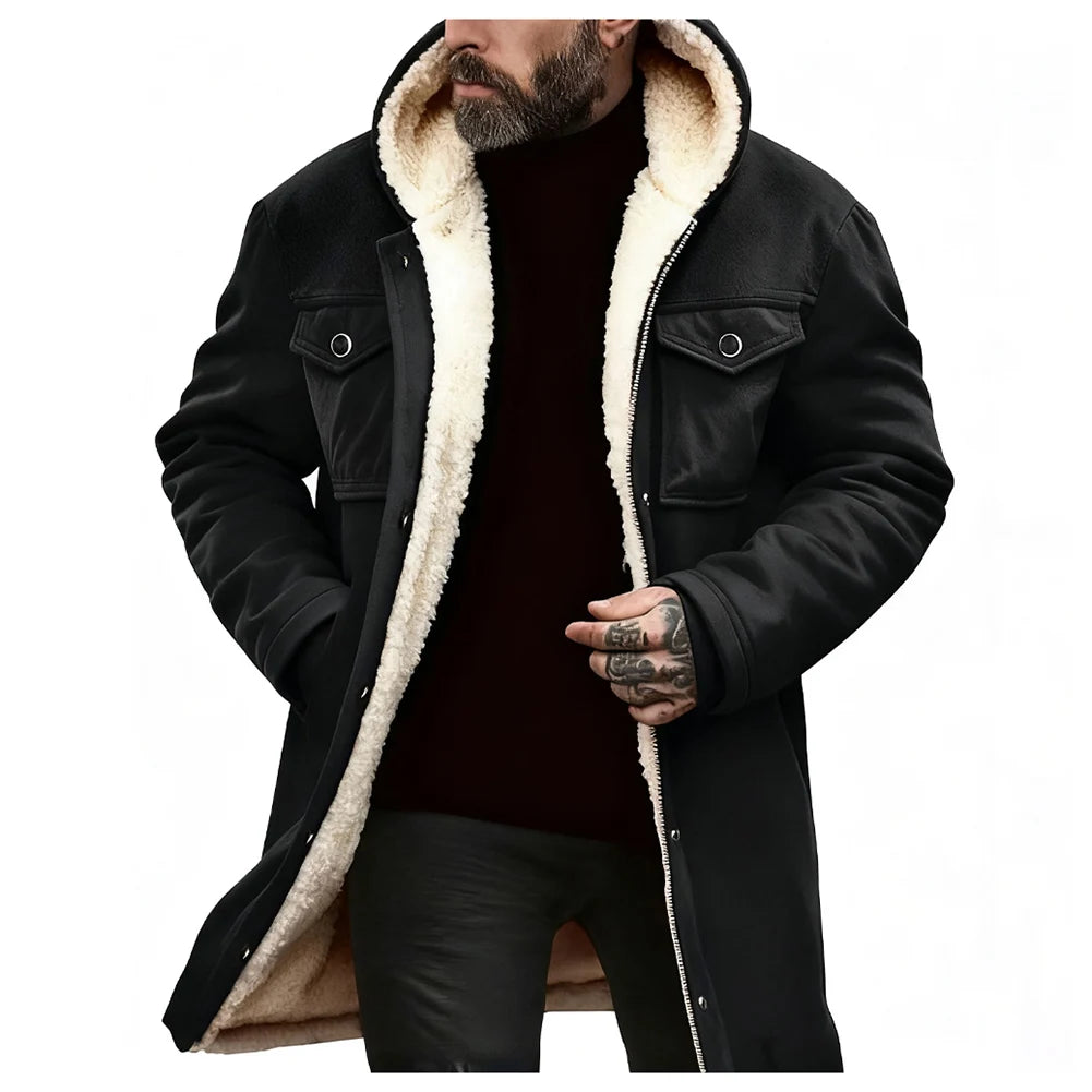 Chaqueta Suede Fleece Hombre con Capucha Media Larga Cremallera