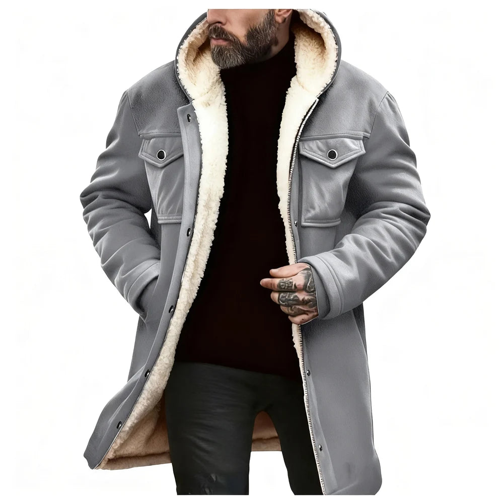 Chaqueta Suede Fleece Hombre con Capucha Media Larga Cremallera