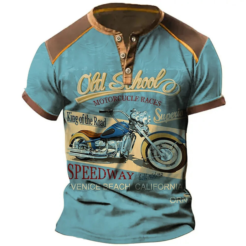 Camiseta Henley Moto 3D Hombre - Manga Corta Verano Casual