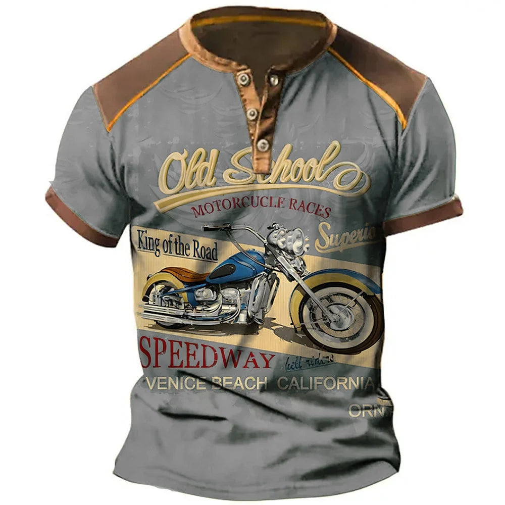 Camiseta Henley Moto 3D Hombre - Manga Corta Verano Casual