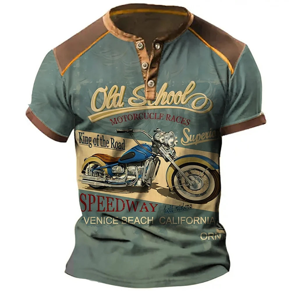 Camiseta Henley Moto 3D Hombre - Manga Corta Verano Casual
