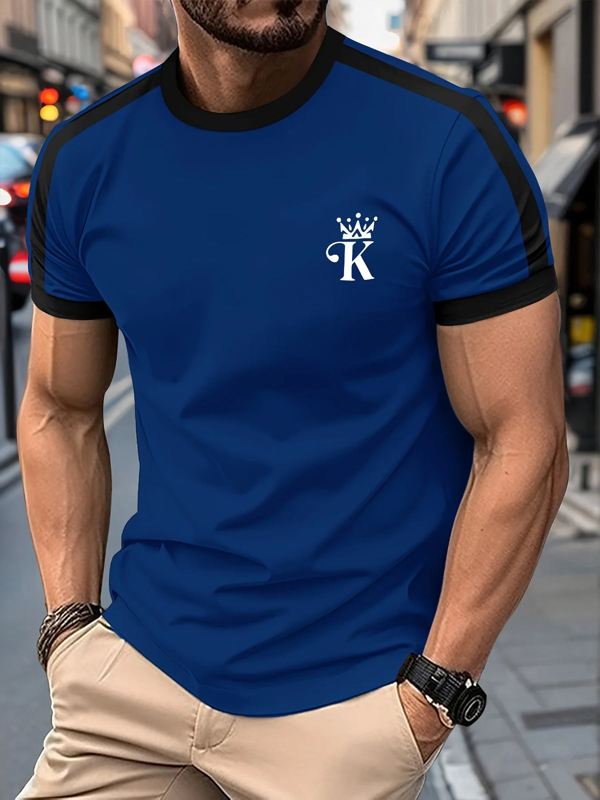 Camiseta Negra "King" Hombre: Estampado Dorado Informal