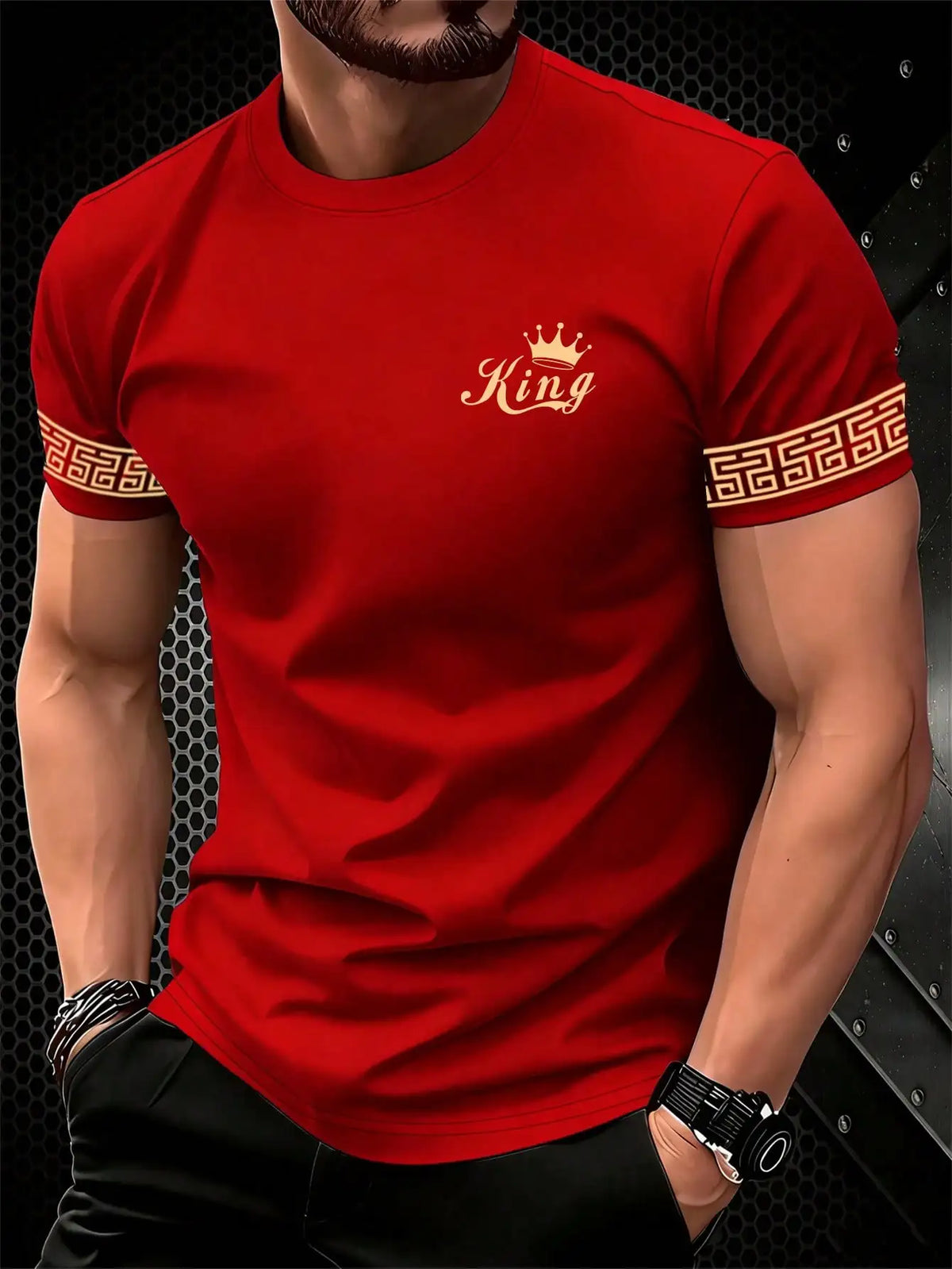 Camiseta Negra "King" Hombre: Estampado Dorado Informal