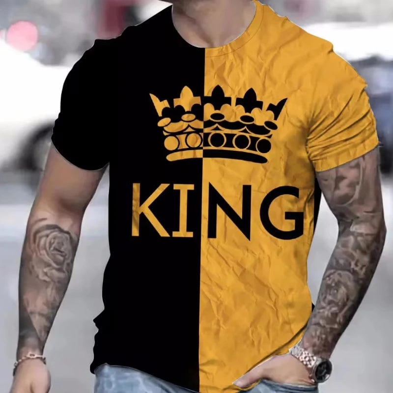 Camiseta Negra "King" Hombre: Estampado Dorado Informal