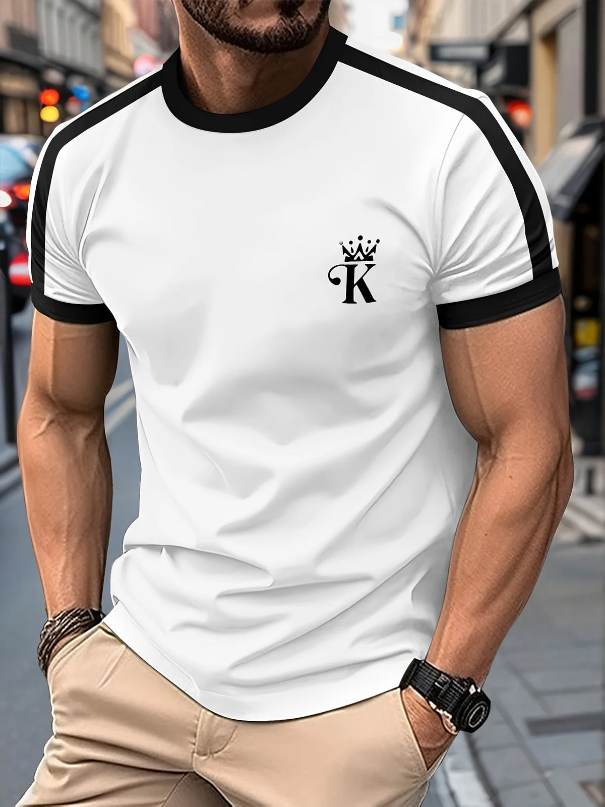 Camiseta Negra "King" Hombre: Estampado Dorado Informal