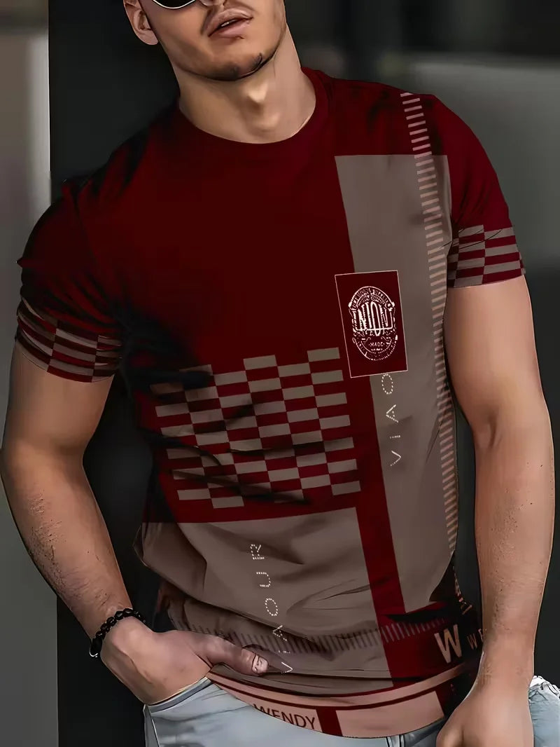 Camiseta Verano Hombre Cuadros/Rayas Beige Gris Slim Fit - Corporación Turística