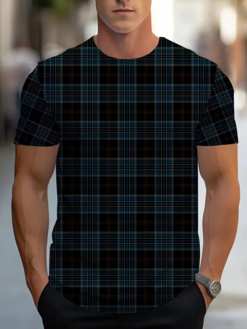 Camiseta Verano Hombre Cuadros/Rayas Beige Gris Slim Fit - Corporación Turística
