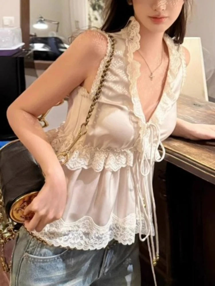 Camisola Satén Francés Volantes Sexy Cuello V Chic Coreano - Corporación Turística