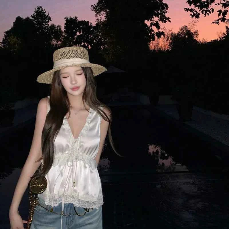 Camisola Satén Francés Volantes Sexy Cuello V Chic Coreano