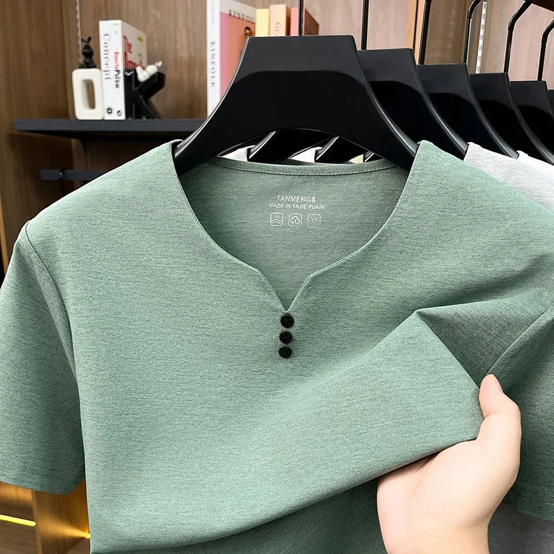 Camiseta Henley Hombre Verano Casual Manga Corta Transpirable Algodón - Corporación Turística