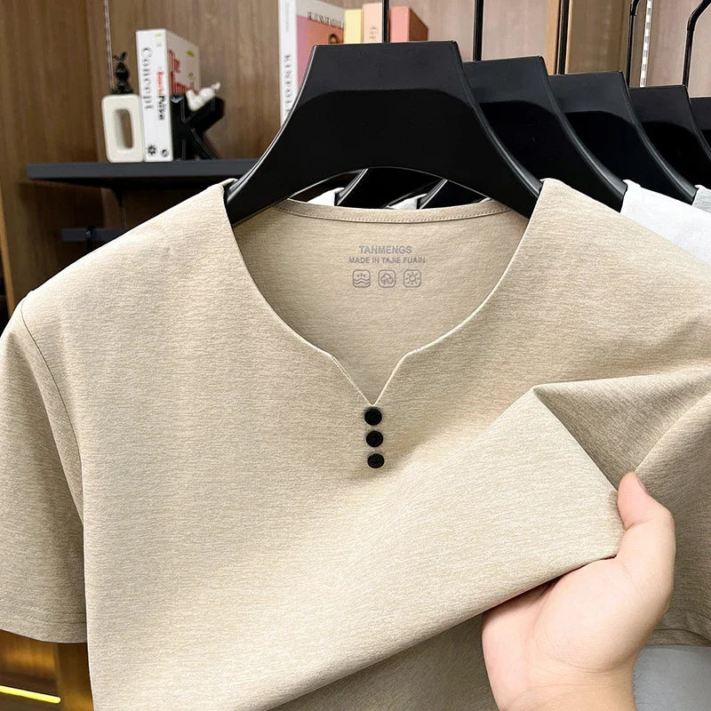 Camiseta Henley Hombre Verano Casual Manga Corta Transpirable Algodón - Corporación Turística