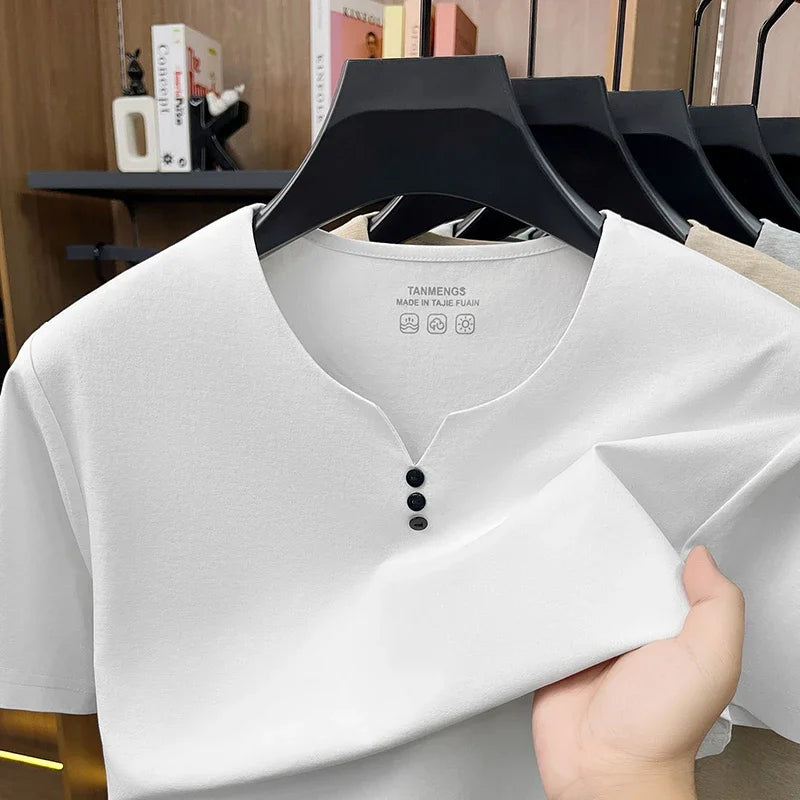 Camiseta Henley Hombre Verano Casual Manga Corta Transpirable Algodón - Corporación Turística