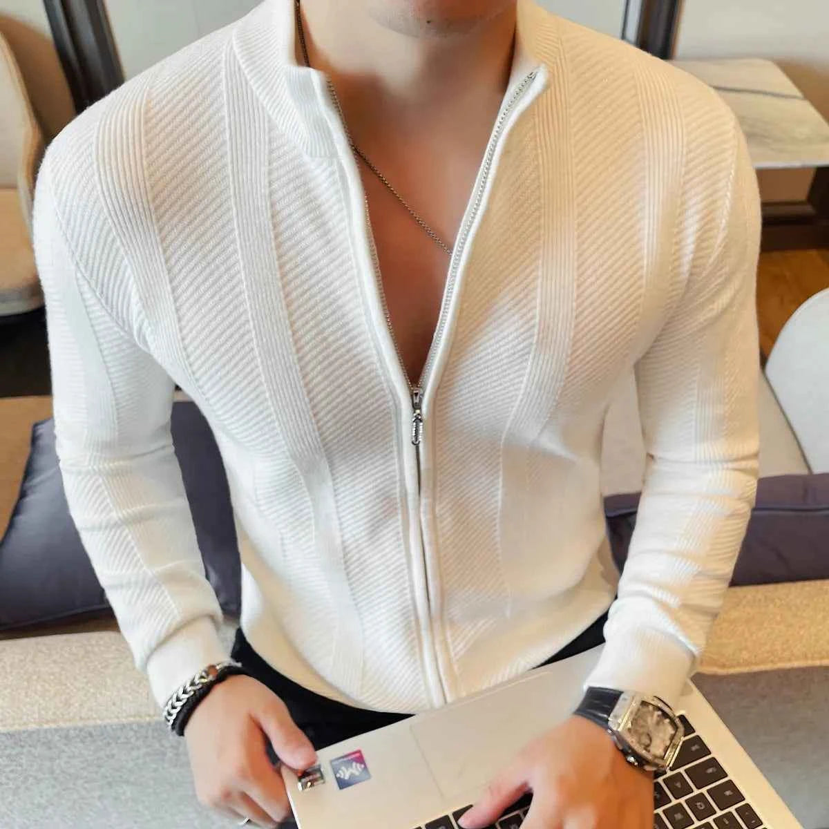 Suéter Cardigan Hombre Cuello Alto Cremallera Cálido Invierno