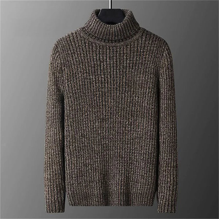 Gray men's thick warm sweater with high collar, casual winter knit, from Corporación Turística, suitable for 57-65kg weight.